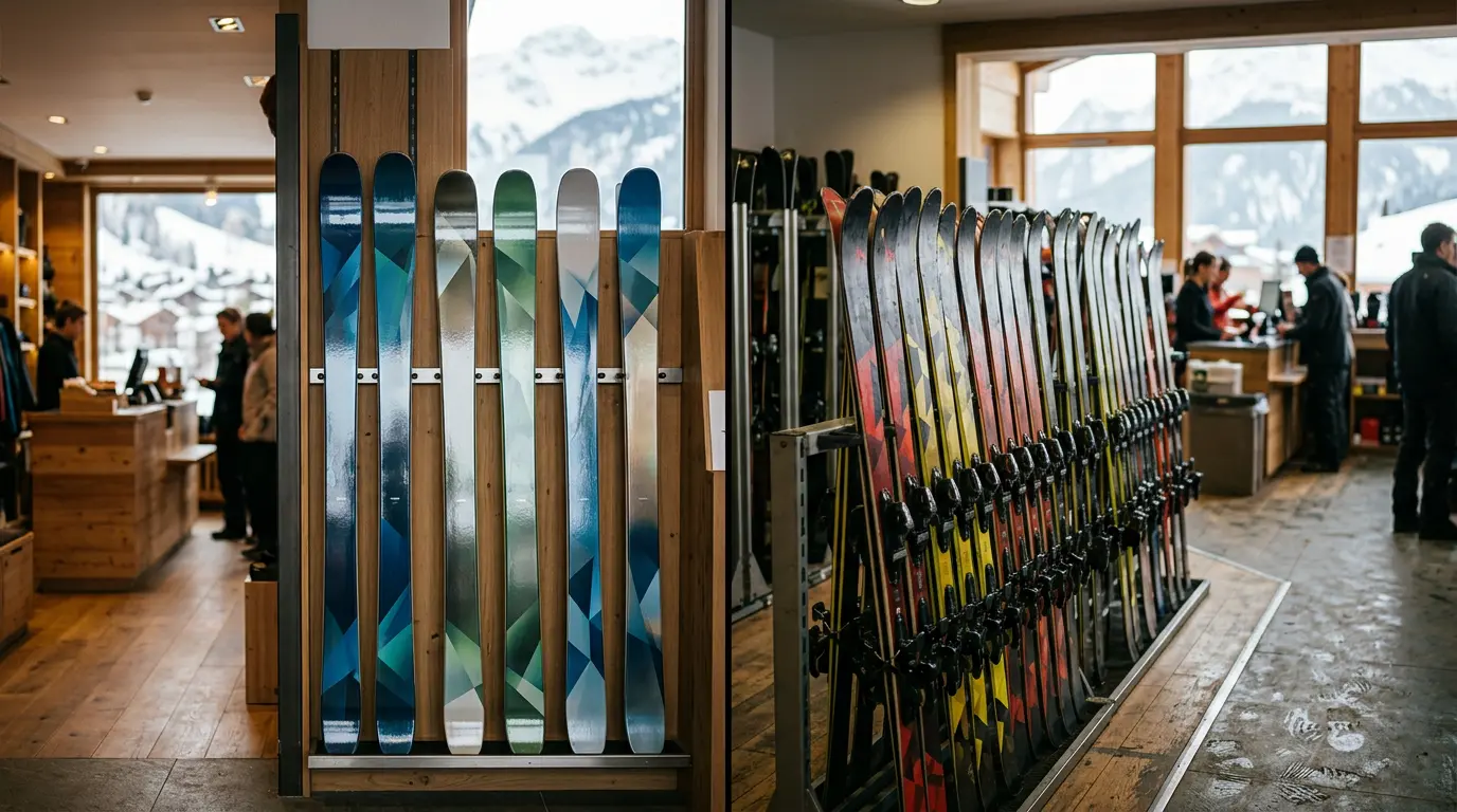 Skis en boutique et matériel de location côte à côte dans une station de montagne française