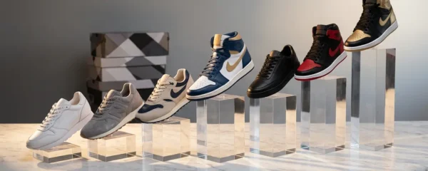 Collection de sneakers rares disposées comme un portefeuille d'investissement sur une surface minimaliste