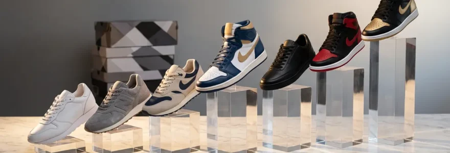 Collection de sneakers rares disposées comme un portefeuille d'investissement sur une surface minimaliste