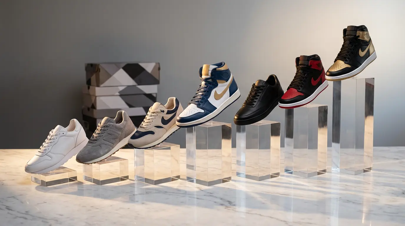 Collection de sneakers rares disposées comme un portefeuille d'investissement sur une surface minimaliste