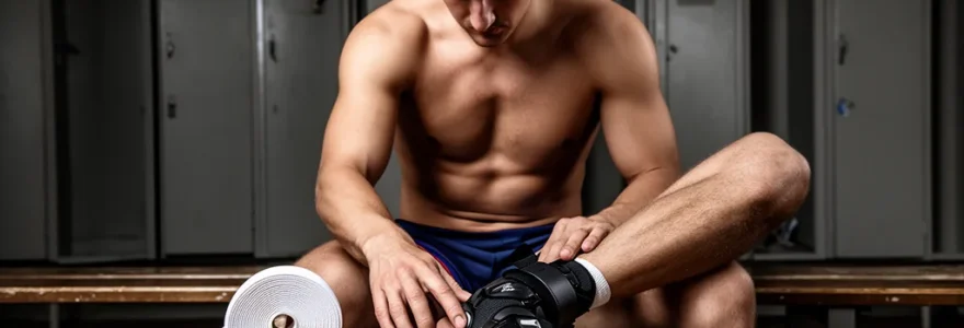 Sportif examinant différents types de maintien pour sa cheville après une entorse