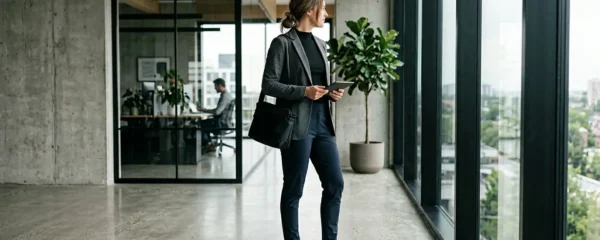 Personne en tenue sportswear élégante dans un environnement de bureau contemporain