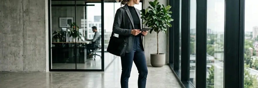 Personne en tenue sportswear élégante dans un environnement de bureau contemporain