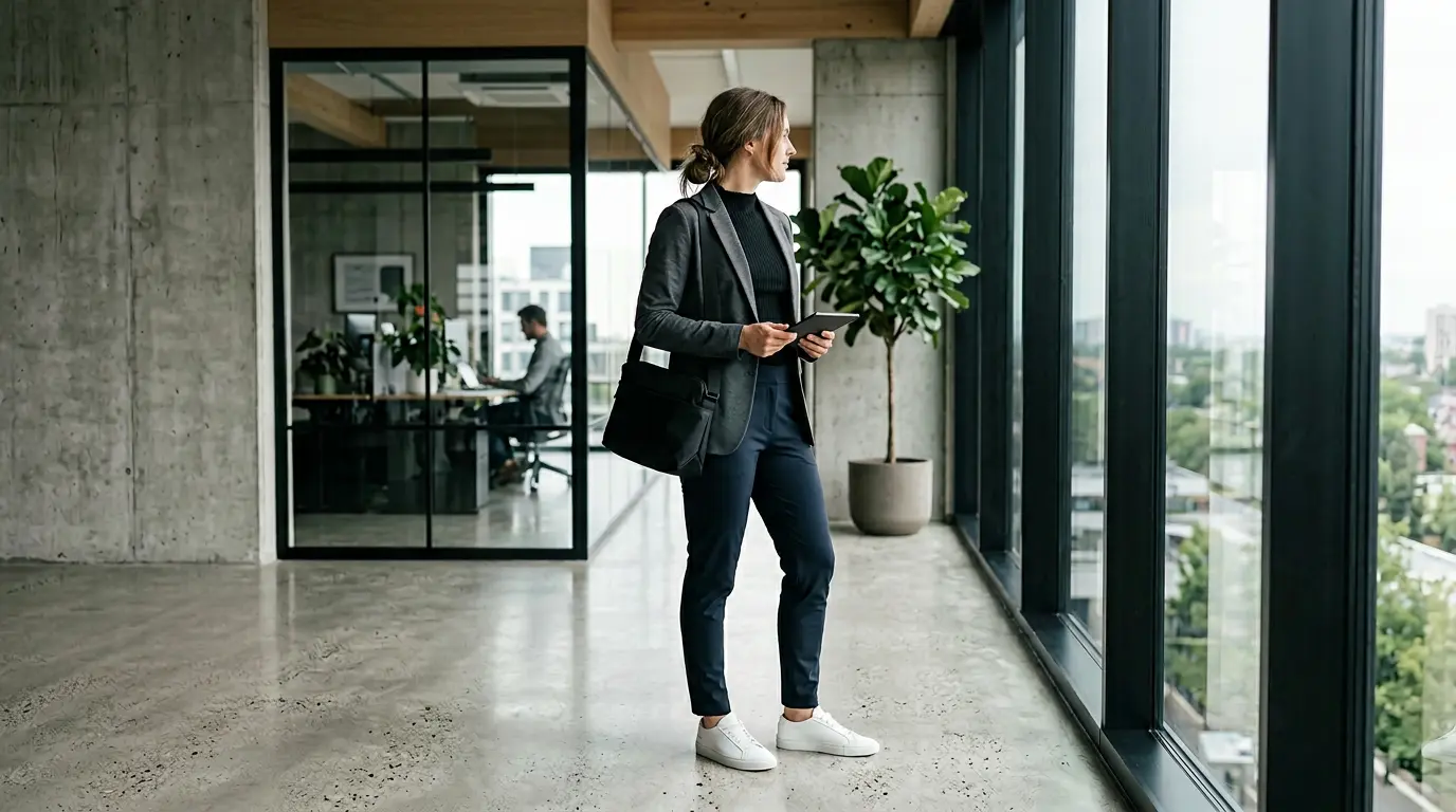 Personne en tenue sportswear élégante dans un environnement de bureau contemporain