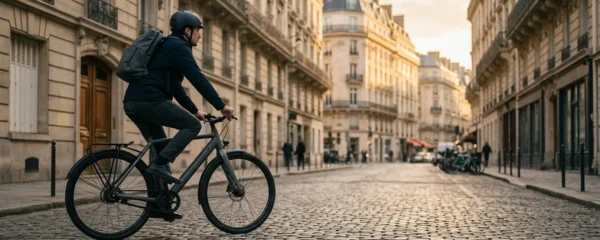 Cycliste urbain équipé traversant une rue française au lever du soleil