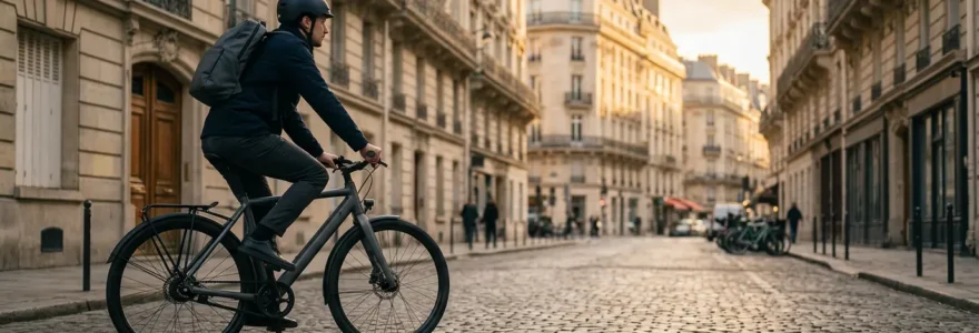 Cycliste urbain équipé traversant une rue française au lever du soleil