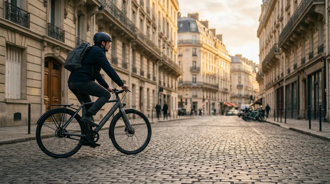 Cycliste urbain équipé traversant une rue française au lever du soleil