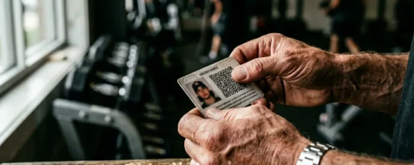 Vue rapprochée d'une carte professionnelle d'éducateur sportif posée sur une surface en bois avec des équipements sportifs floutés en arrière-plan