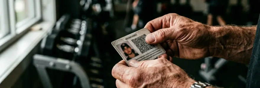 Vue rapprochée d'une carte professionnelle d'éducateur sportif posée sur une surface en bois avec des équipements sportifs floutés en arrière-plan