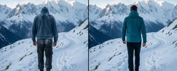 Comparaison visuelle entre un t-shirt en coton et un système 3 couches pour le sport en hiver