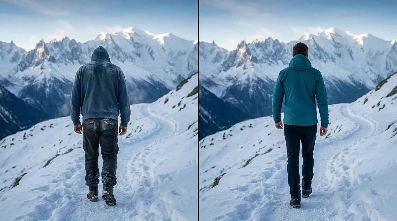 Comparaison visuelle entre un t-shirt en coton et un système 3 couches pour le sport en hiver