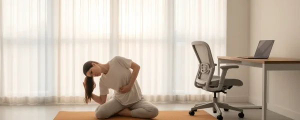 Personne pratiquant le yoga dans un espace de télétravail à domicile, position d'étirement pour soulager le dos