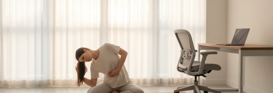 Personne pratiquant le yoga dans un espace de télétravail à domicile, position d'étirement pour soulager le dos