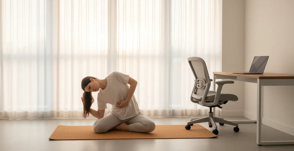 Personne pratiquant le yoga dans un espace de télétravail à domicile, position d'étirement pour soulager le dos