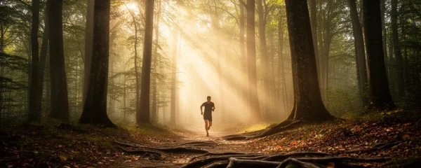 Coureur en forêt française avec lumière matinale filtrée et sentier naturel