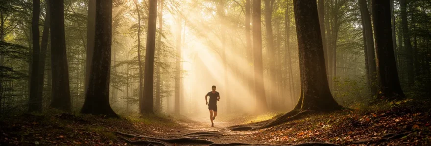 Coureur en forêt française avec lumière matinale filtrée et sentier naturel