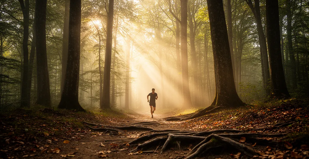 Coureur en forêt française avec lumière matinale filtrée et sentier naturel