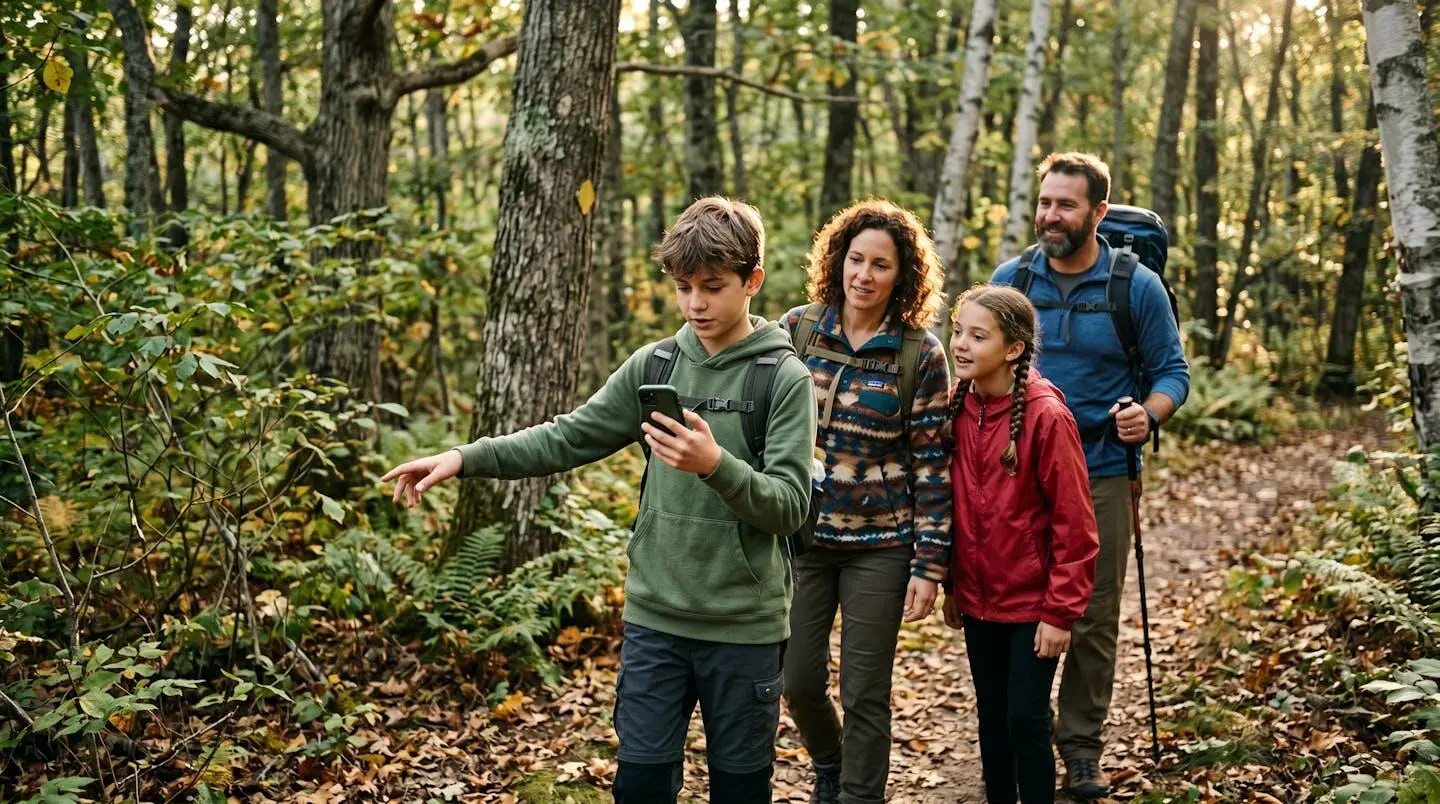 Adolescent guidant sa famille avec un smartphone pour le géocaching en forêt
