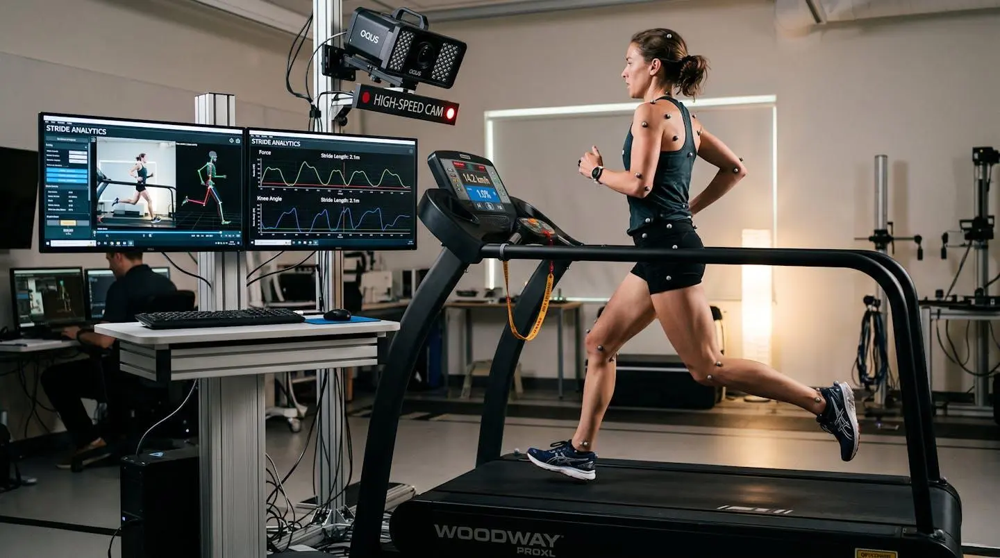 Analyse biomécanique de la foulée d'un coureur sur tapis avec capture vidéo au ralenti