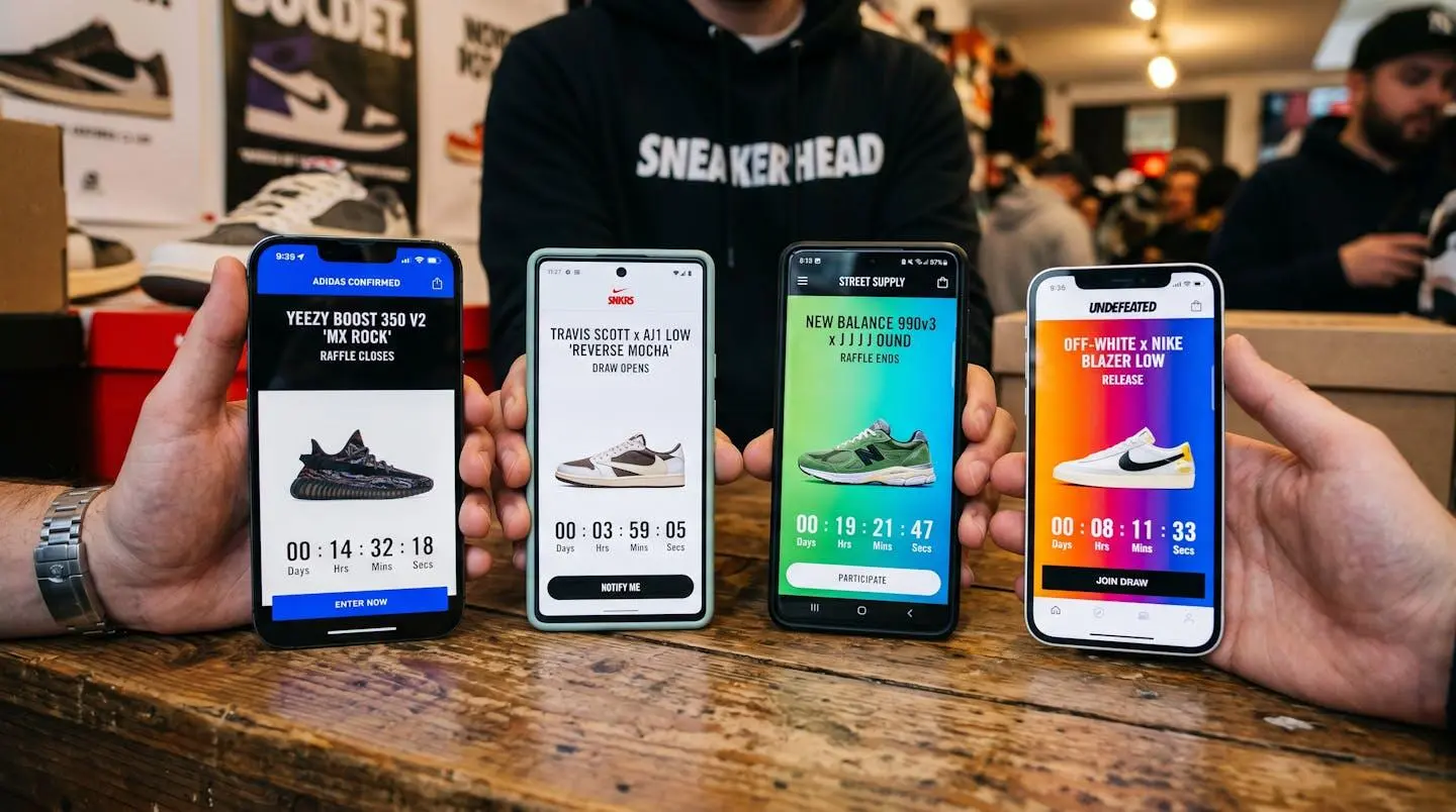 Smartphones multiples affichant des comptes à rebours de tirages au sort pour sneakers limitées