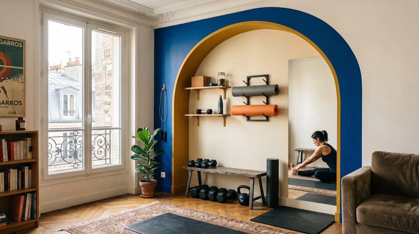 Arche de couleur peinte délimitant un coin sport dans un appartement parisien