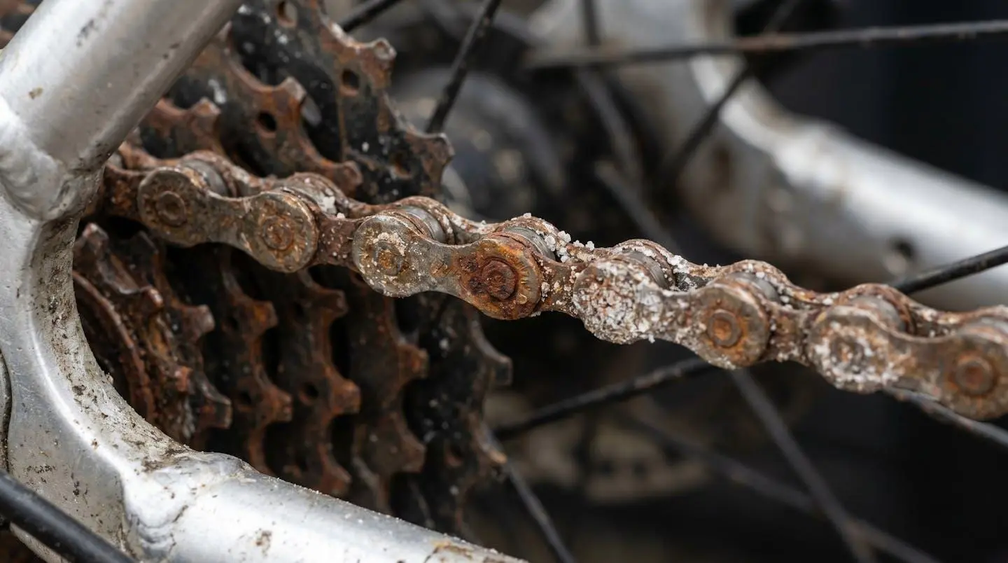 Vue macro d'une chaîne de vélo avec traces de corrosion dues au sel