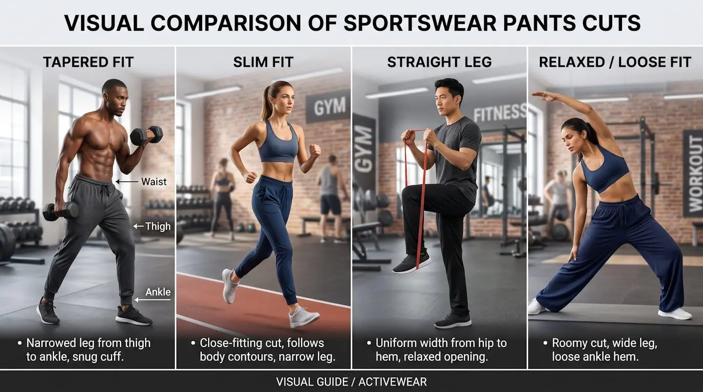 Comparaison visuelle de différentes coupes de pantalons sportswear