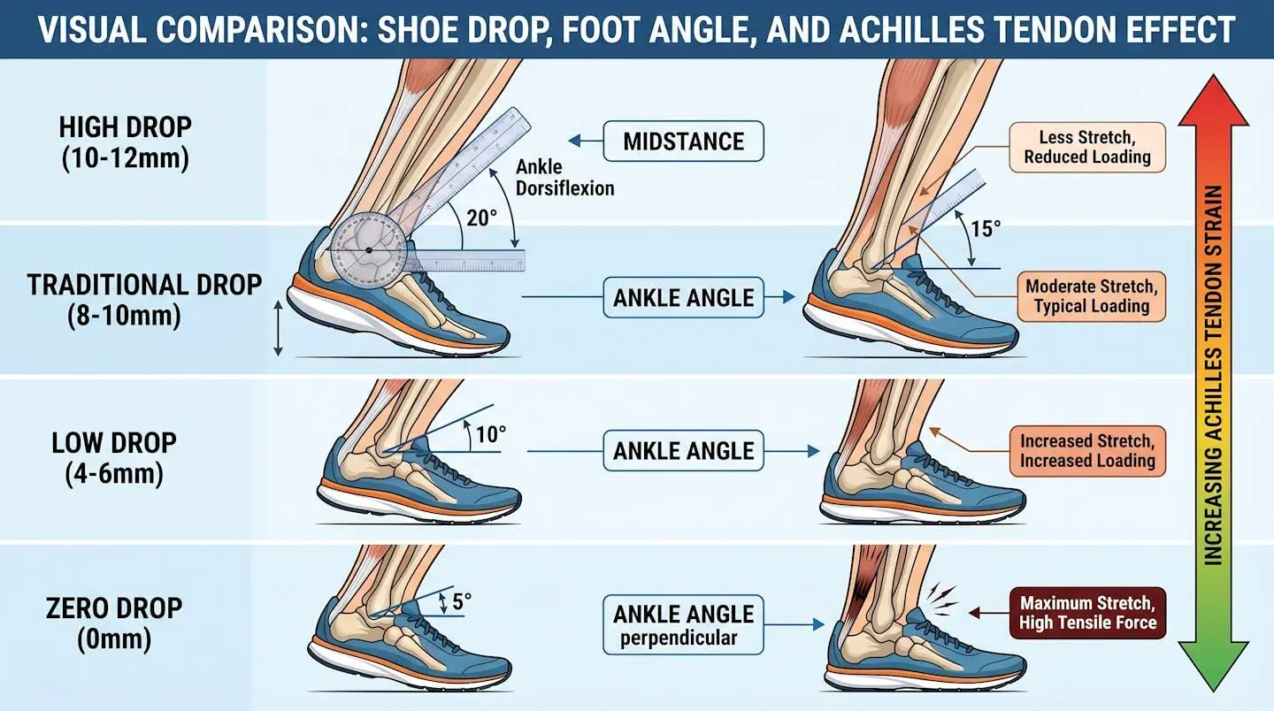 Comparaison visuelle de l'angle du pied avec différents drops de chaussures de running et leur effet sur le tendon d'Achille