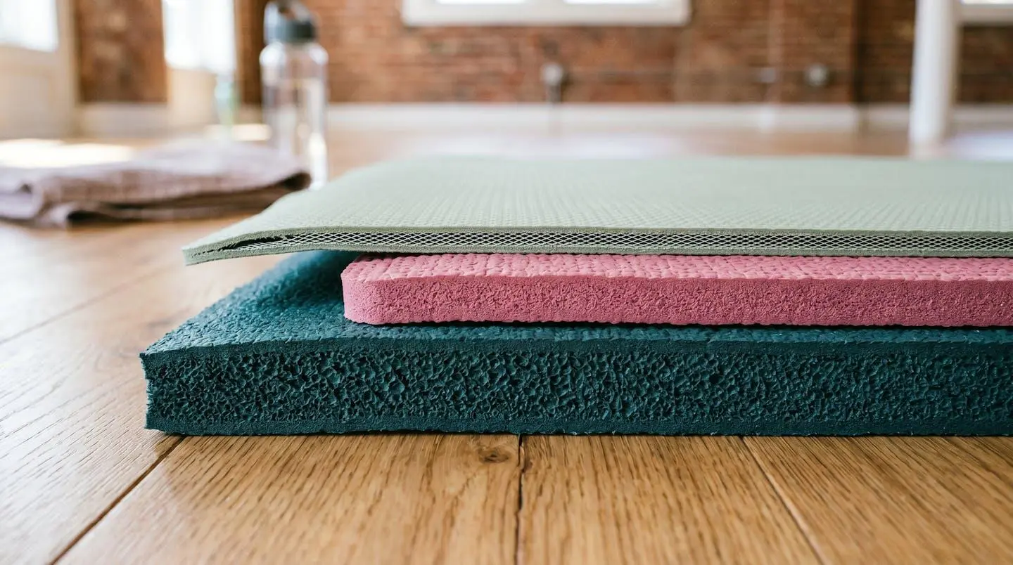 Vue en coupe de trois tapis de yoga d'épaisseurs différentes empilés en décalé