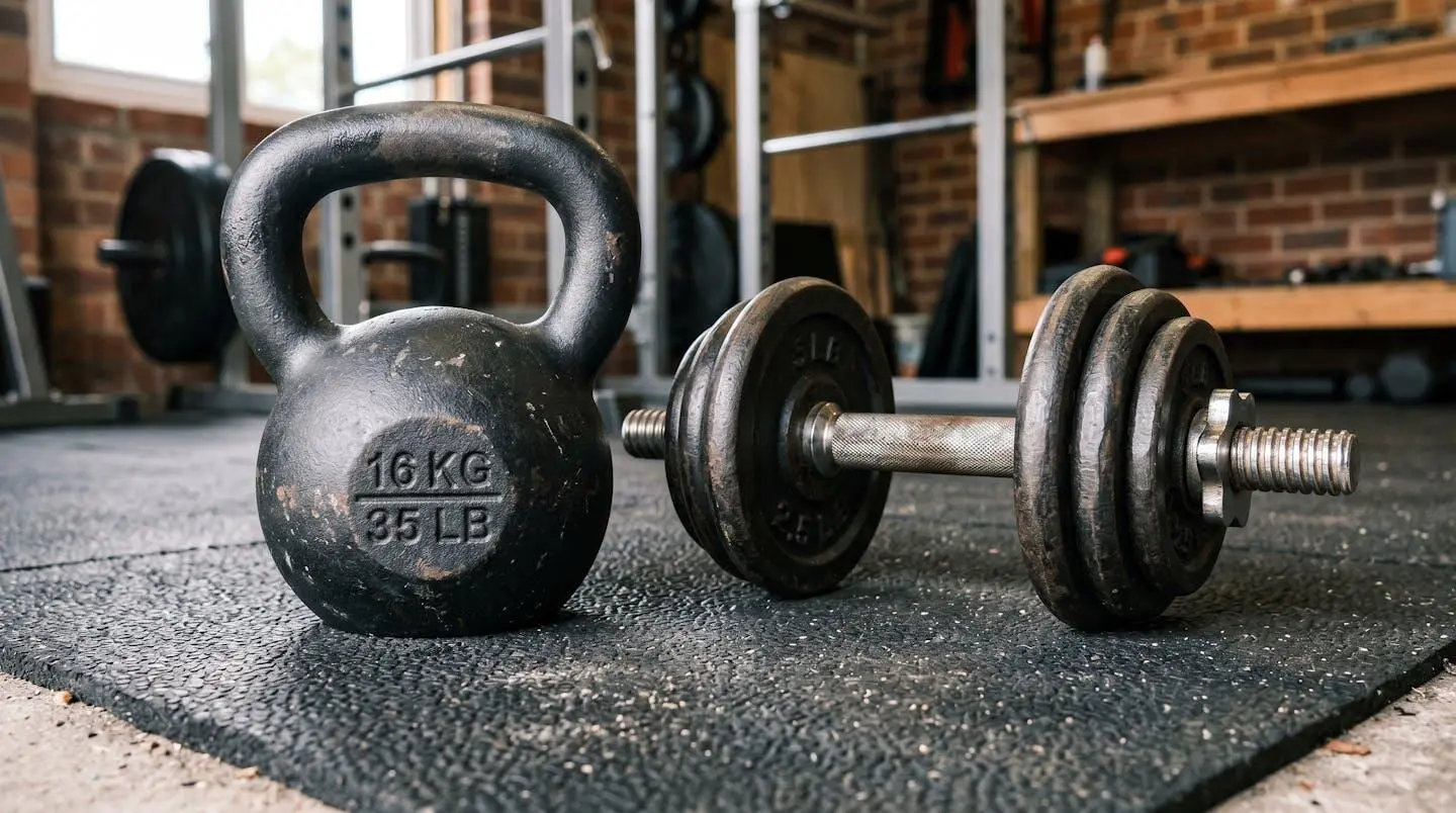 Vue macro détaillée d'un kettlebell en fonte et d'haltères réglables sur dalle caoutchouc