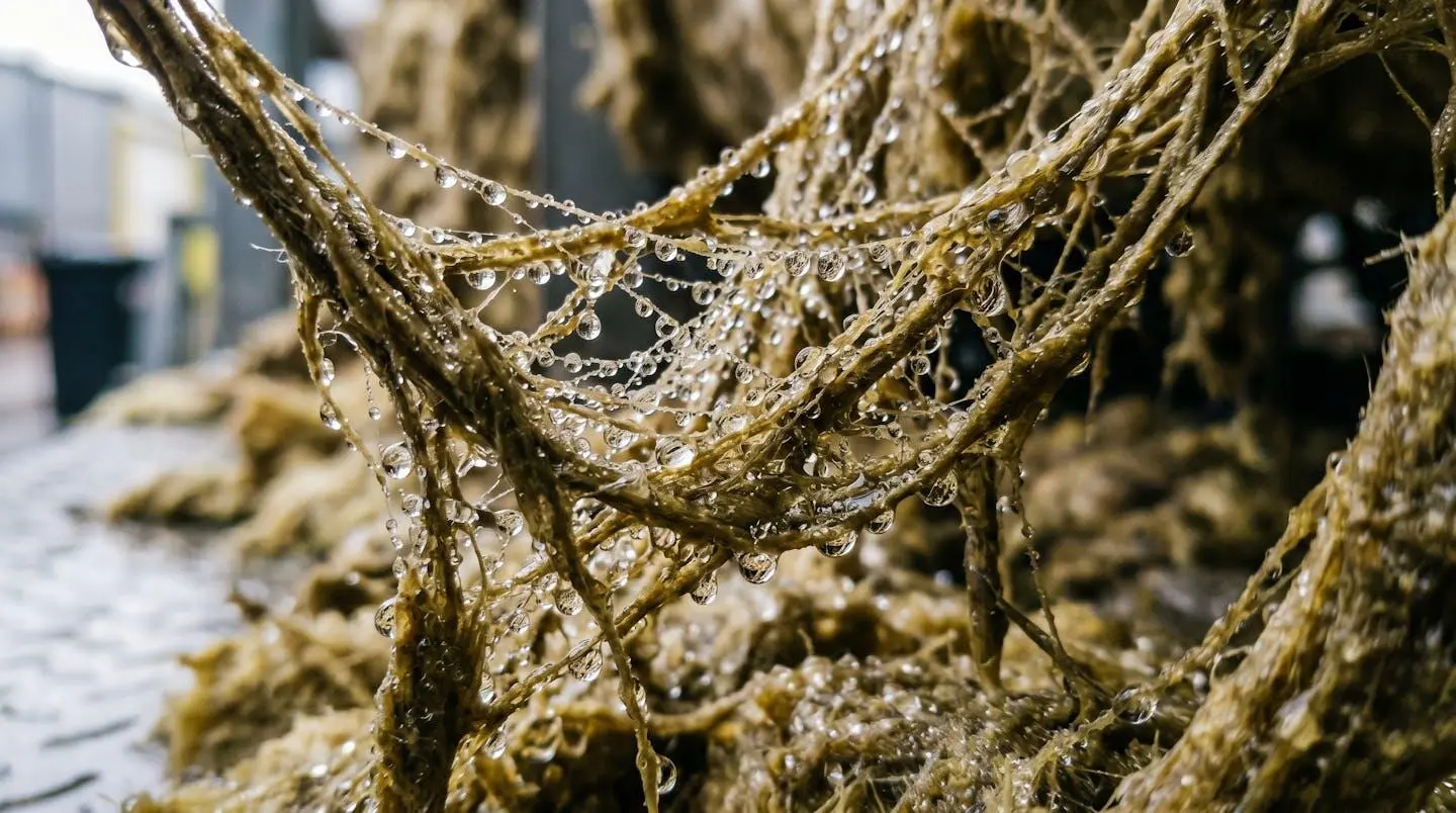 Vue macro de fibres techniques d'isolation avec gouttelettes de condensation