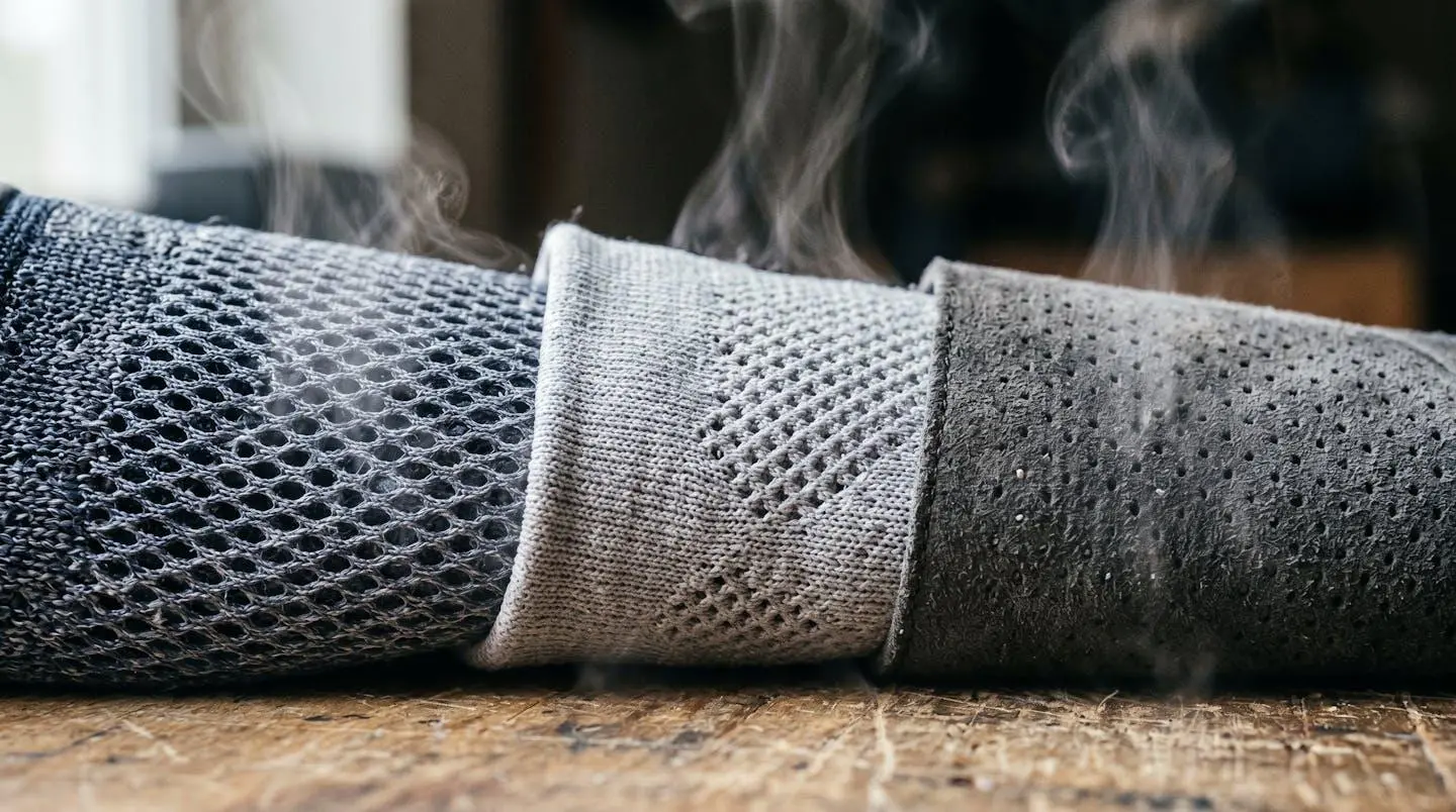 Gros plan sur différentes textures de matériaux de chaussures avec effet de respirabilité visible