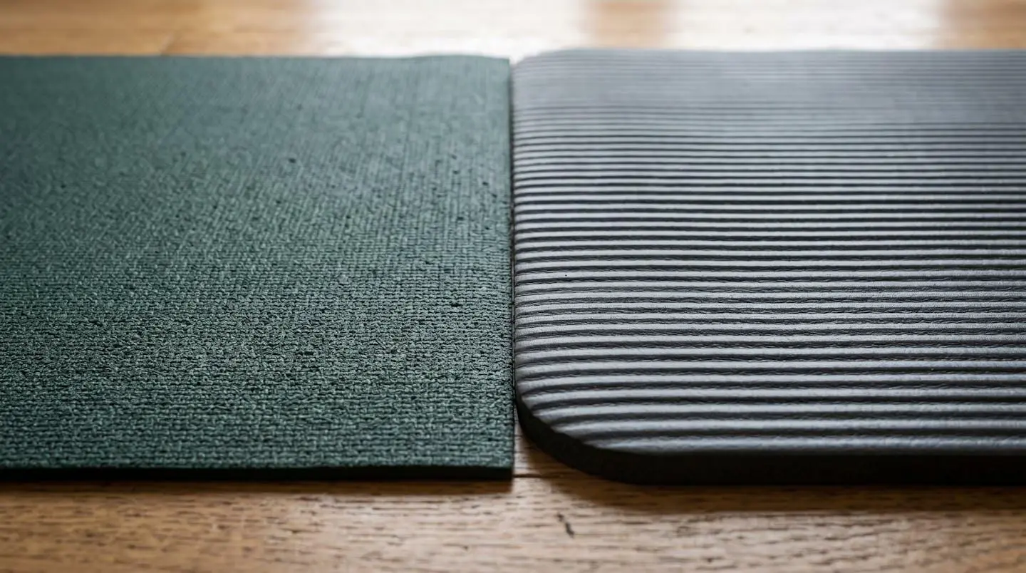 Gros plan sur les textures comparées d'un tapis de yoga et d'un tapis fitness