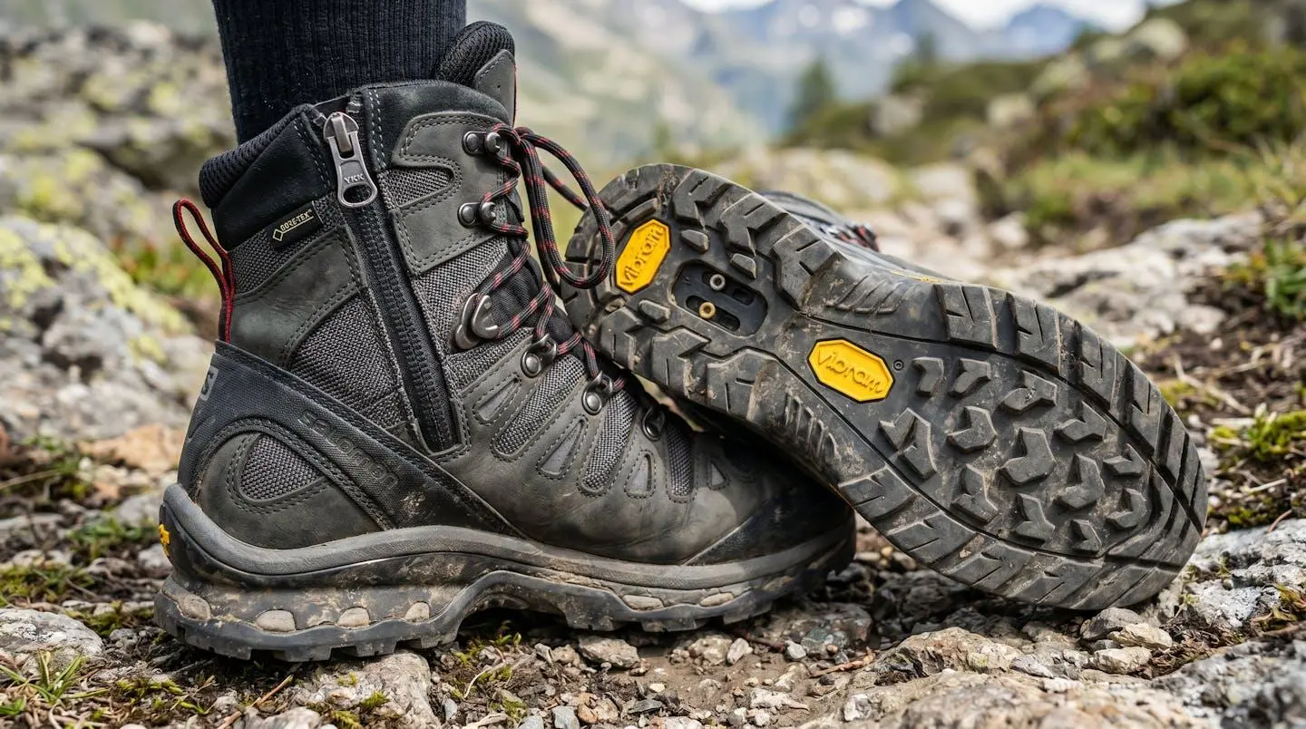 Vue macro détaillée de fermetures éclair YKK et semelles Vibram démontables sur équipement sportif