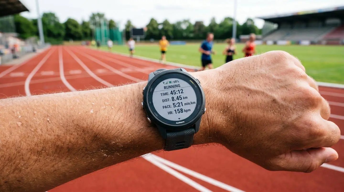 Gros plan sur une montre GPS de sport affichant des données d'entraînement sur fond de piste d'athlétisme