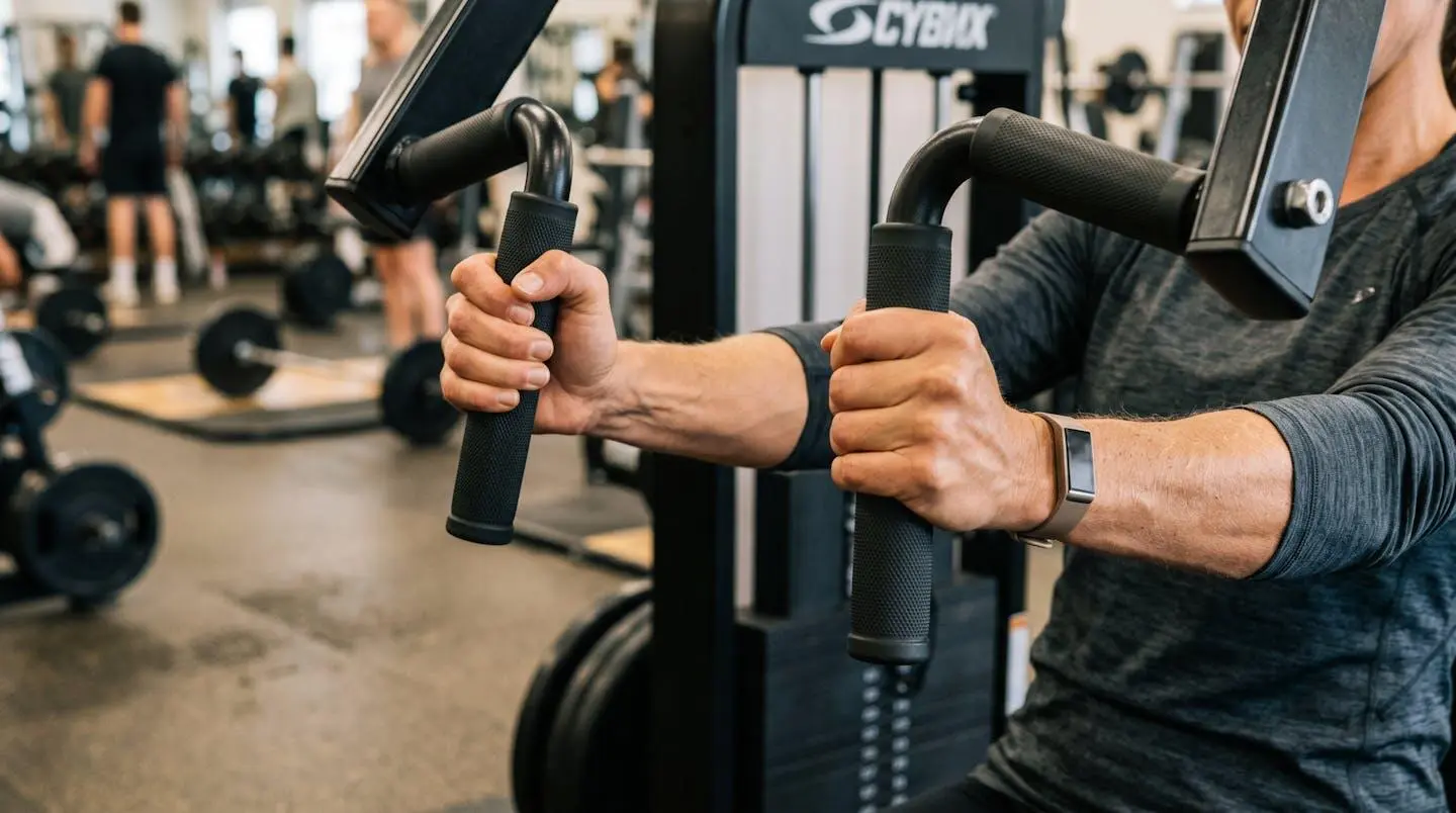 Gros plan sur les mains d'un pratiquant positionnées correctement sur les poignées d'une machine à pectoraux