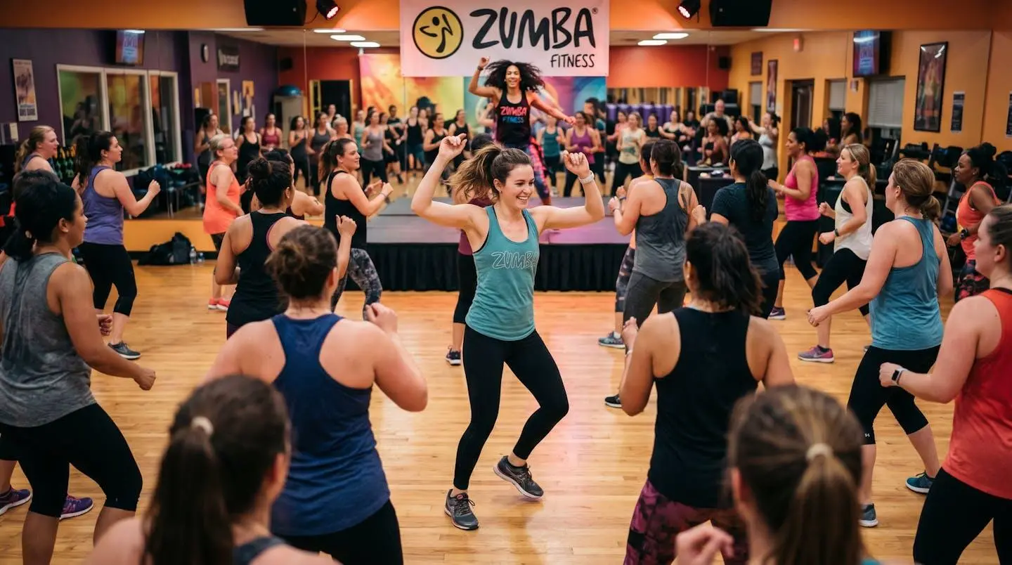Débutante souriante dans un cours de Zumba, positionnée au milieu du groupe, suivant les mouvements avec concentration