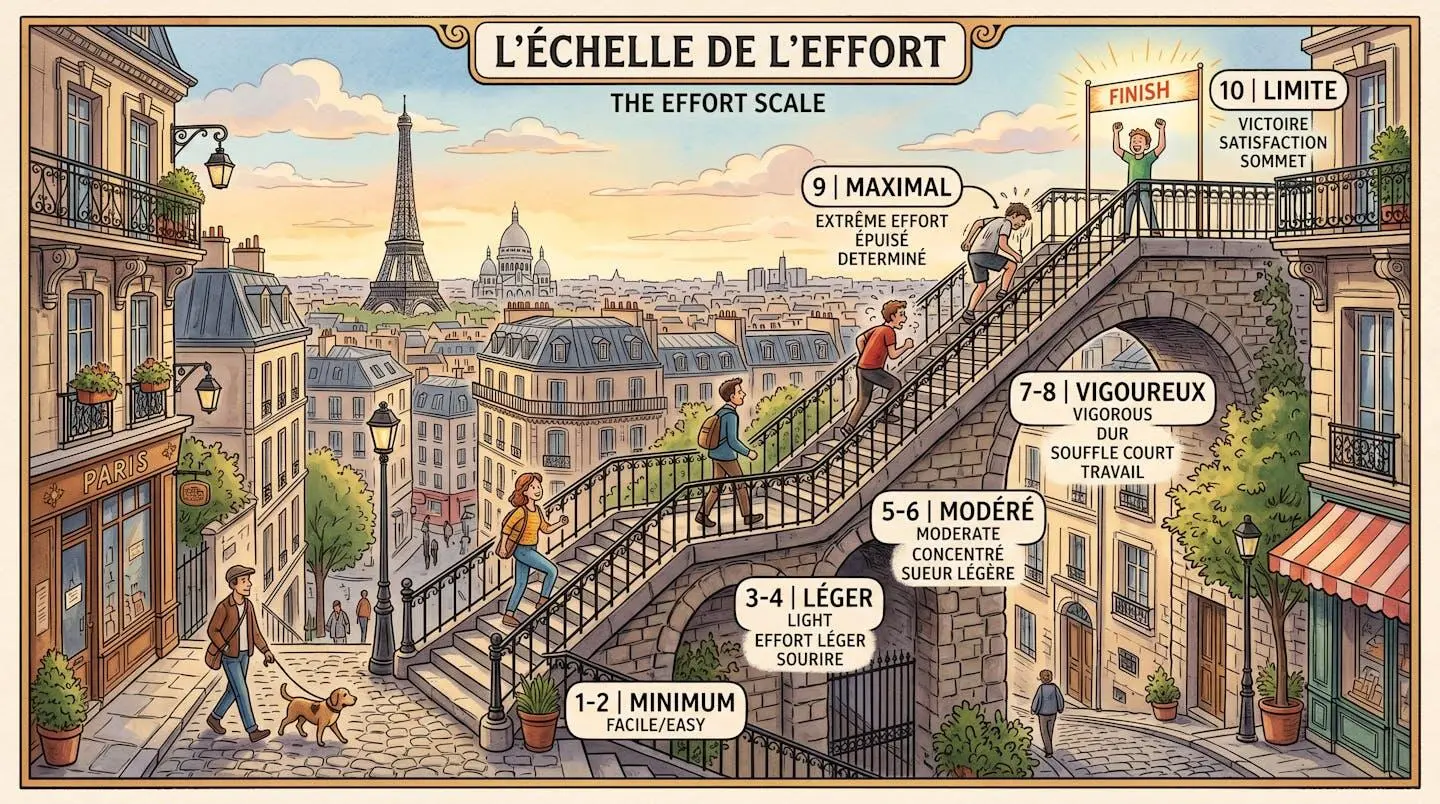 Illustration métaphorique de l'échelle d'effort avec des escaliers parisiens symbolisant les différents niveaux d'intensité.