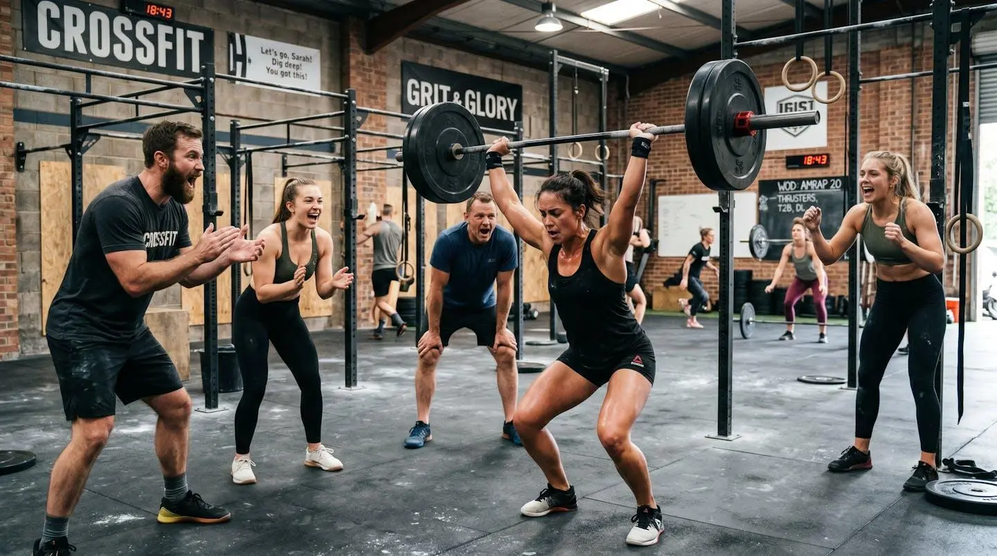 Groupe d'athlètes s'encourageant pendant un WOD de CrossFit dans une box
