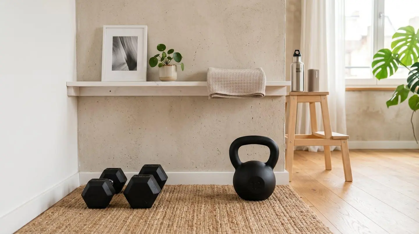 Équipement de fitness minimaliste disposé dans un petit espace avec kettlebell et haltères