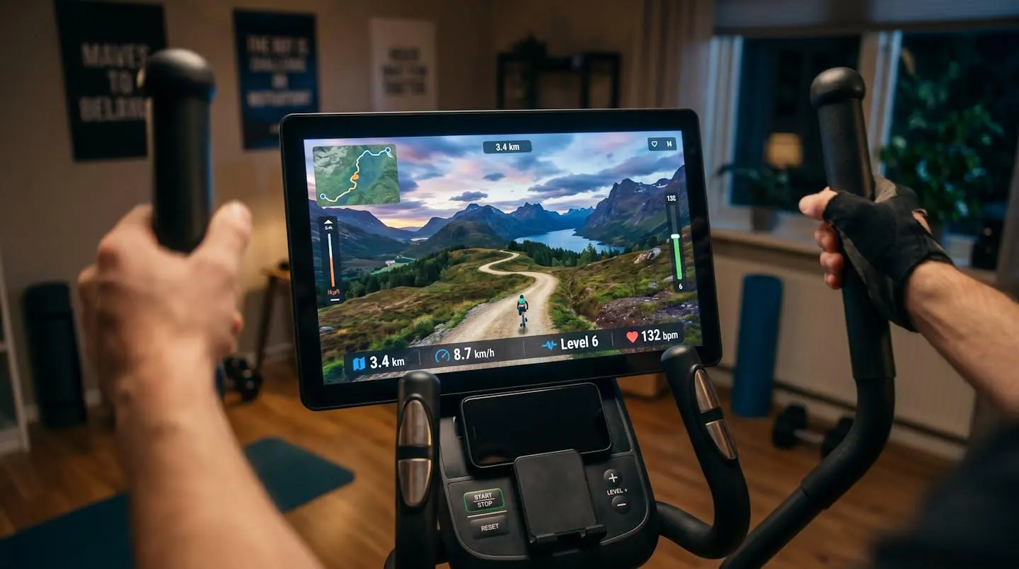 Vue subjective d'un écran montrant un paysage virtuel depuis un vélo elliptique