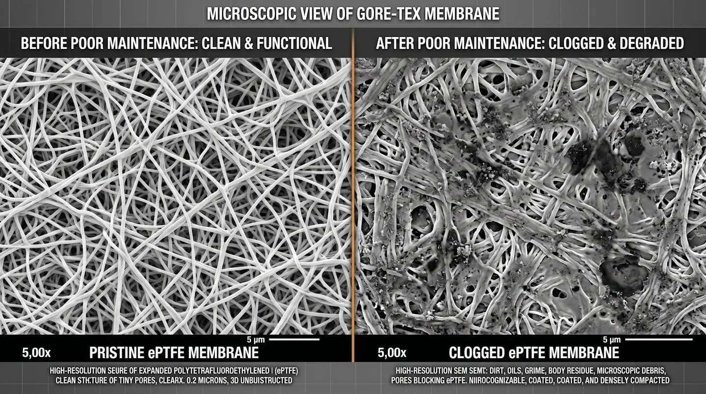 Vue microscopique d'une membrane Gore-Tex avant et après mauvais entretien
