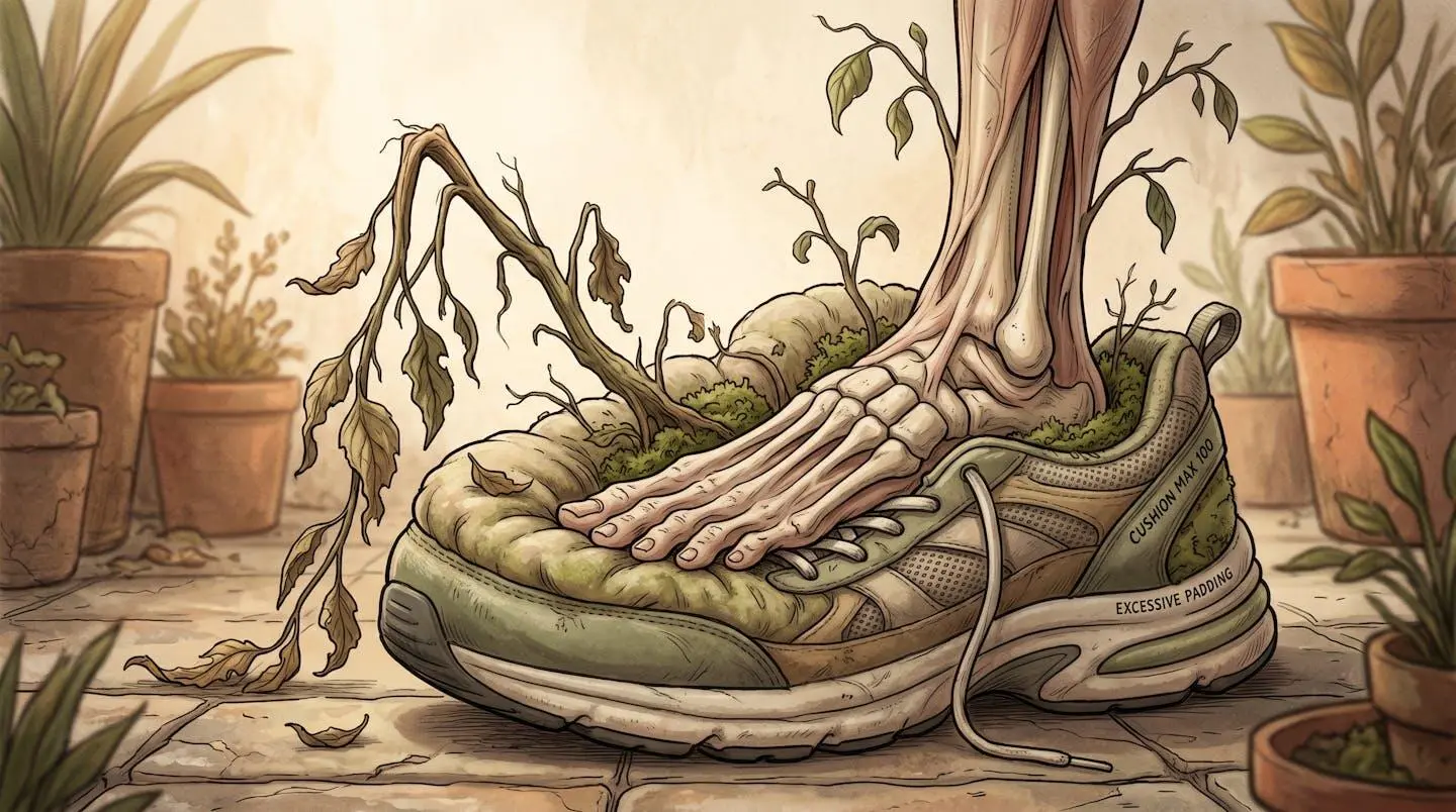 Représentation métaphorique de l'atrophie des muscles du pied due à un sur-amorti, comme une plante qui s'affaisse dans un pot trop mou.