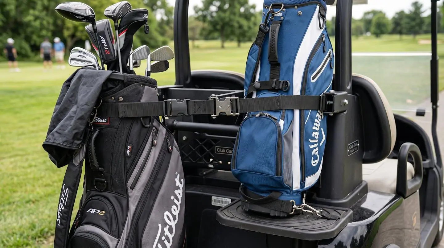 Vue détaillée du système de fixation d'un sac sur chariot de golf