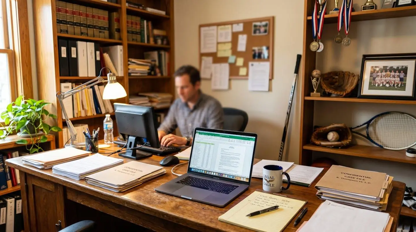 Vue large d'un bureau avec documents juridiques floutés et équipements sportifs en arrière-plan