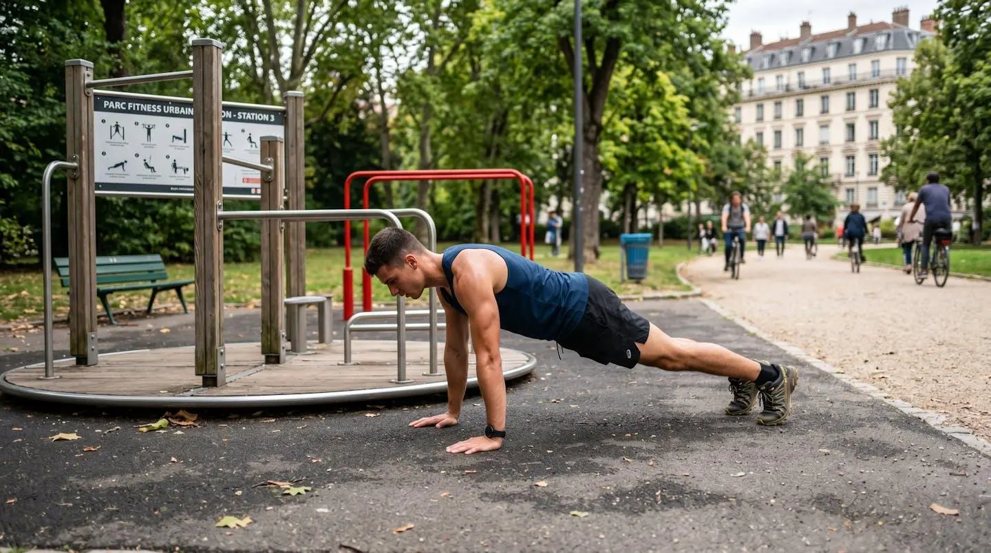 Athlète effectuant des burpees dans un parc français avec équipements urbains