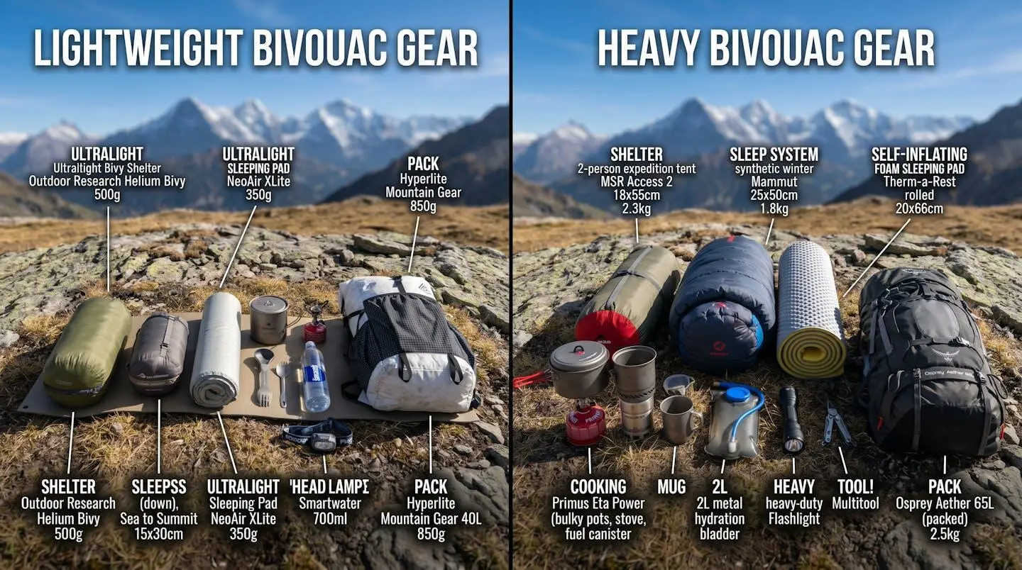 Comparaison visuelle du matériel de bivouac léger et lourd