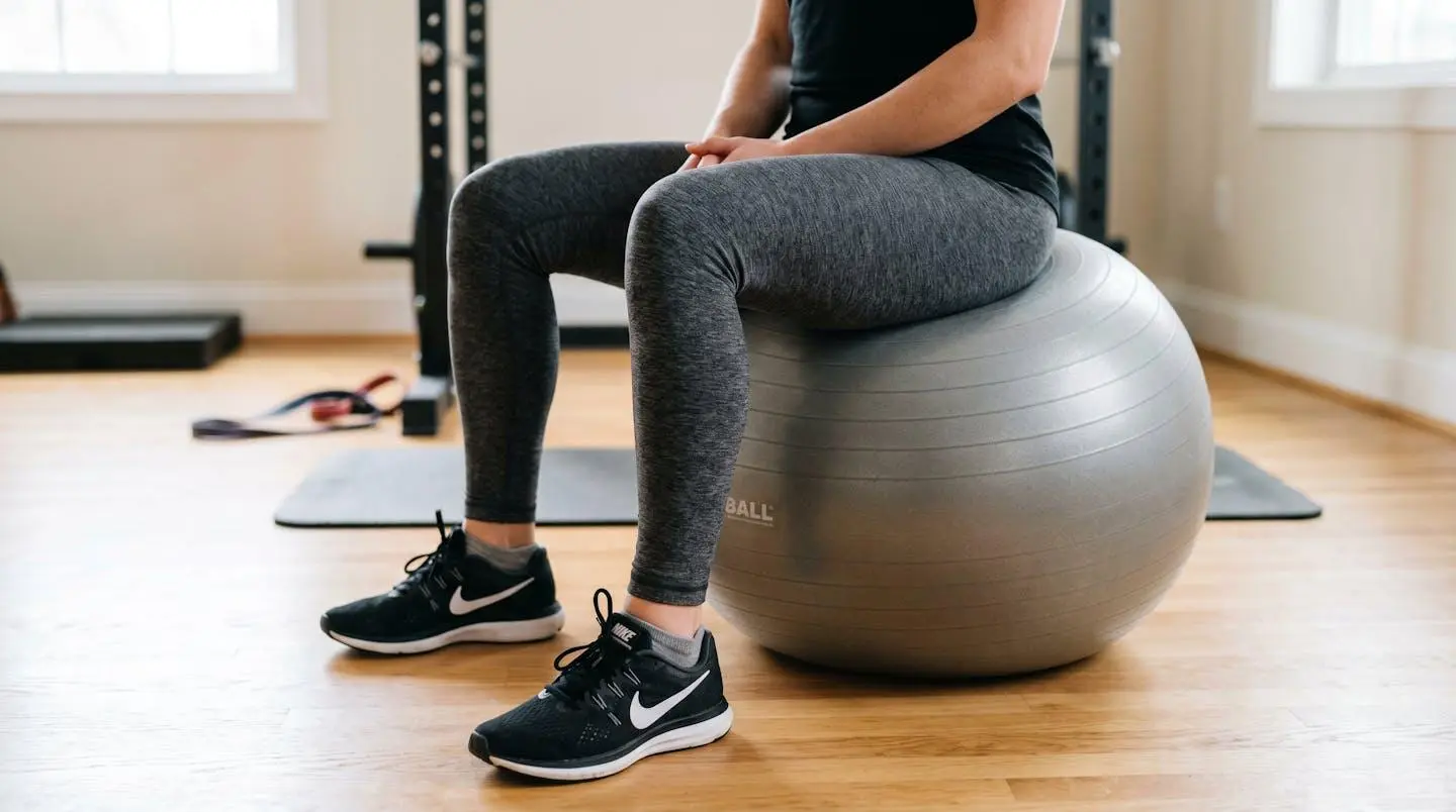 Gros plan sur les jambes d'une personne assise sur un swiss ball montrant l'angle de 90 degrés des genoux