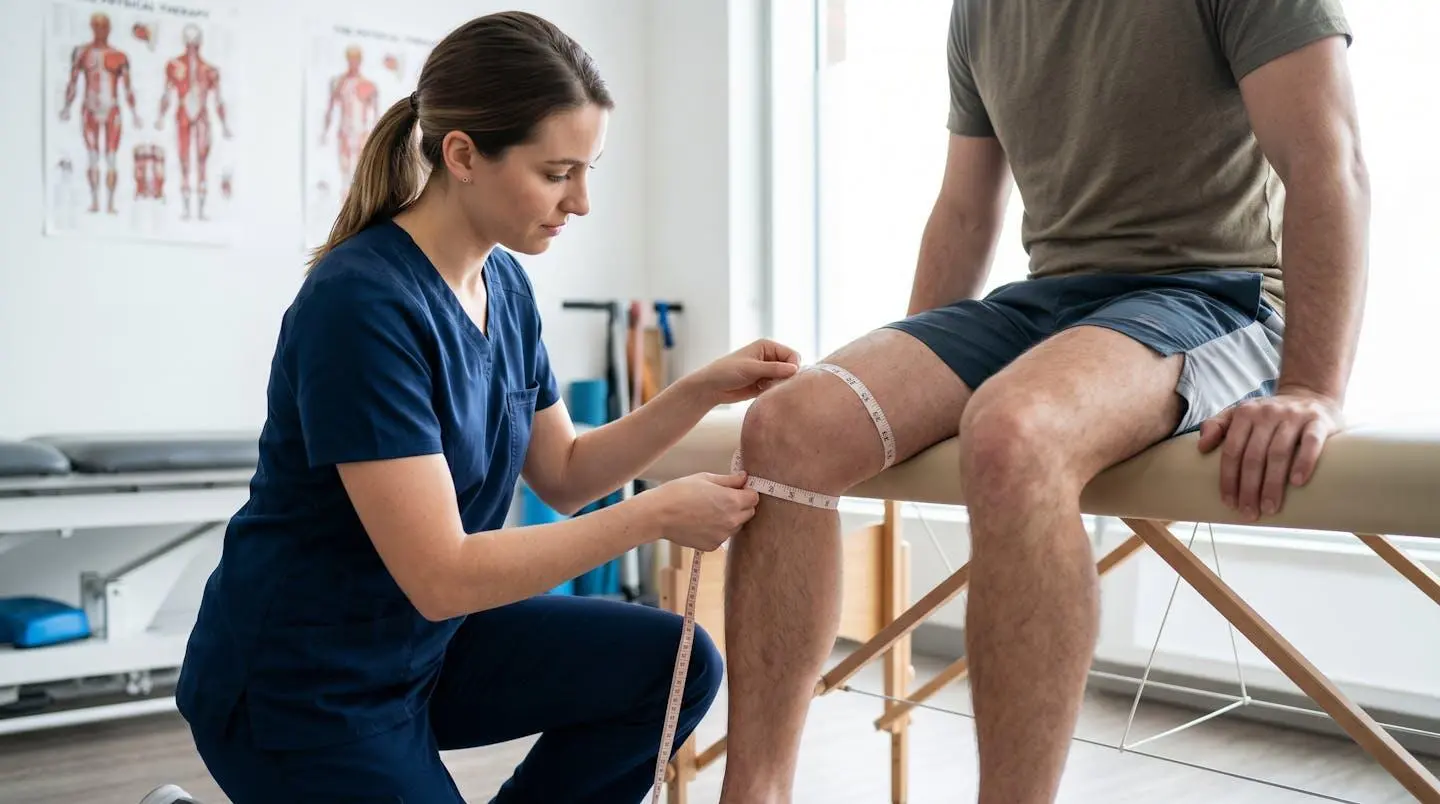 Démonstration de la prise de mesure du tour de cuisse pour le choix d'une genouillère adaptée