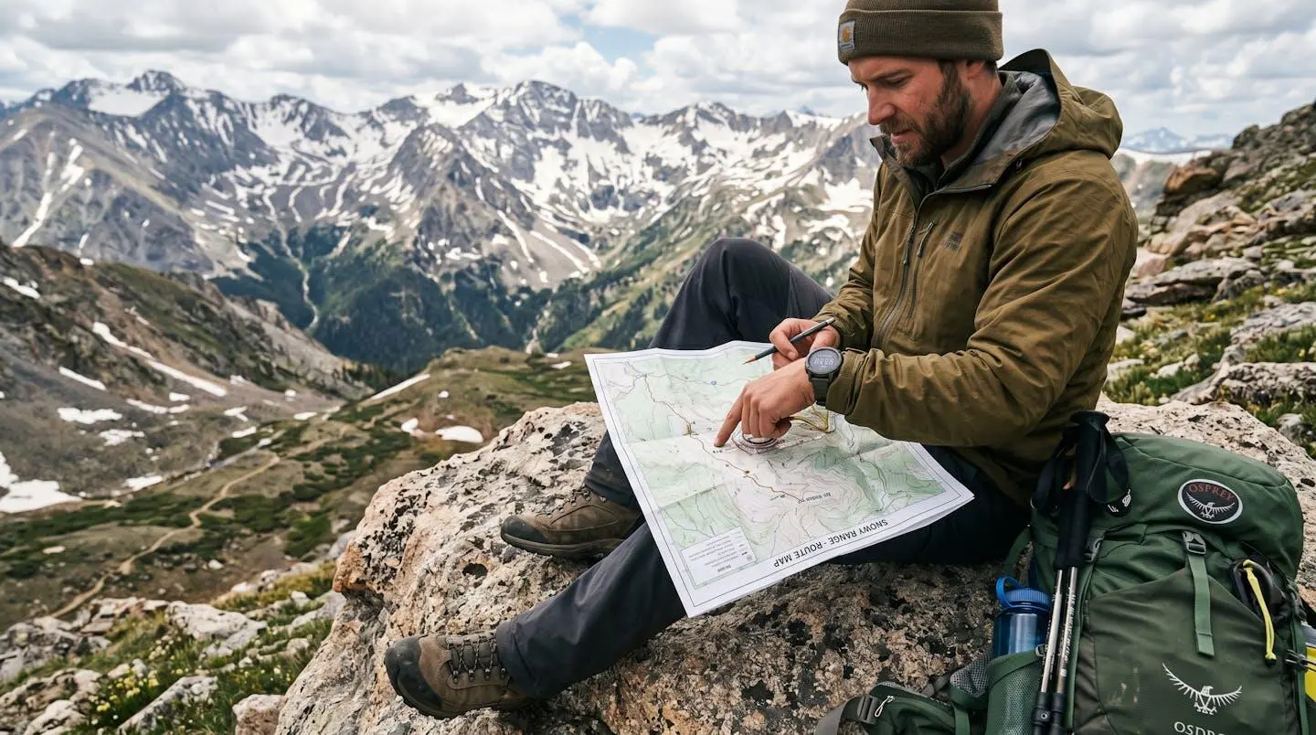 Randonneur assis sur un rocher calculant son itinéraire avec une montre et une carte en montagne